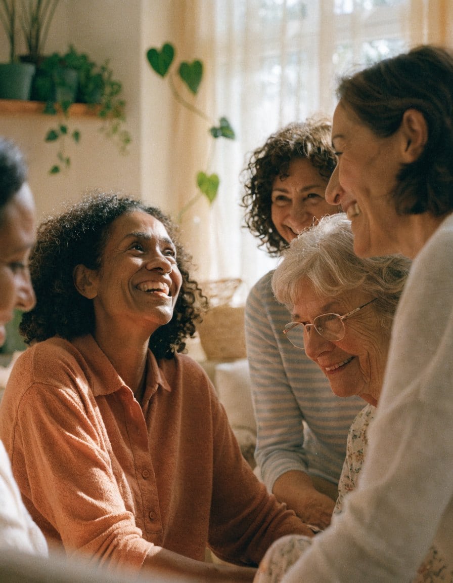 Grupo de mujeres sonriendo y conversando en un ambiente cálido y amigable.