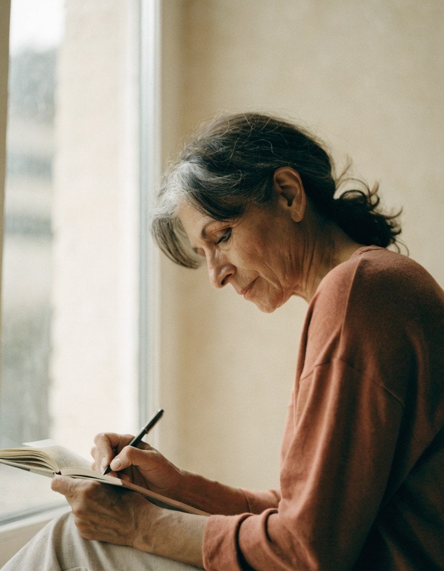 Mujer mayor escribiendo en su diario junto a la ventana.