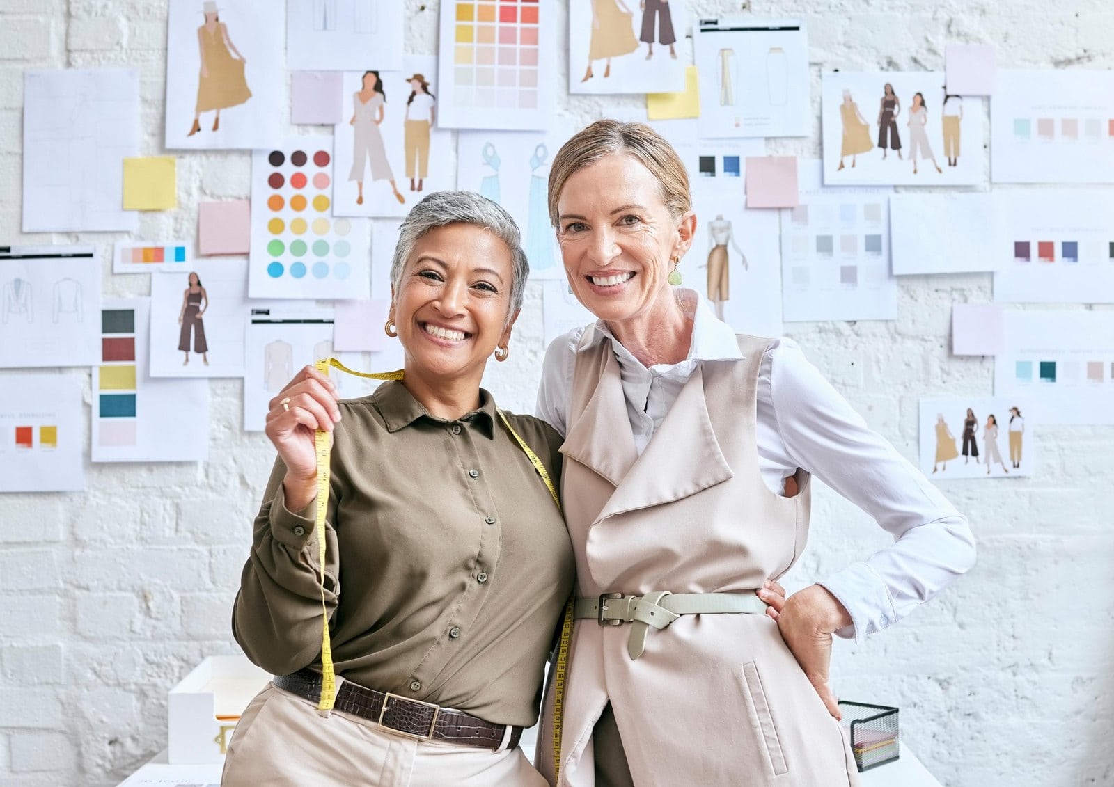 Mujeres profesionales en diseño de moda en estudio creativo.