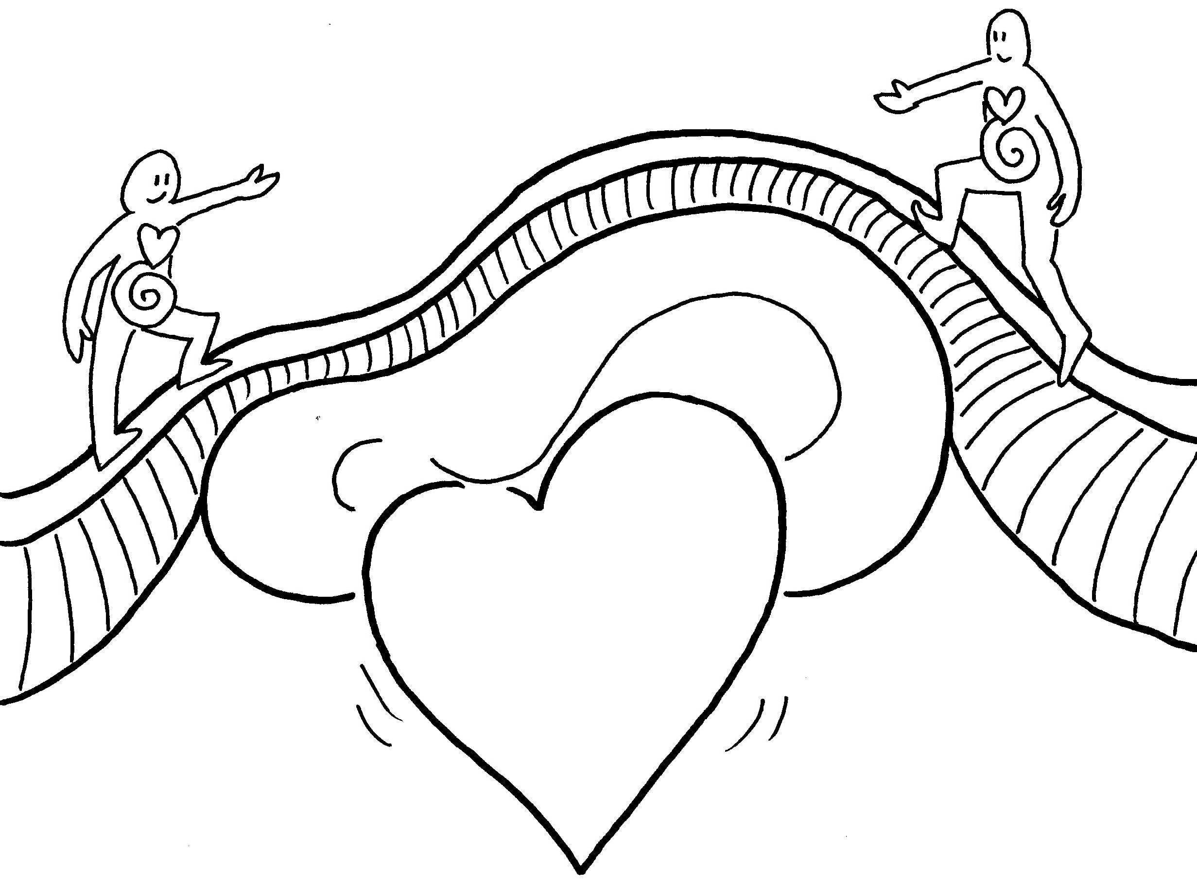 ilustración donde aparecen dos personas que van al encuentro una de la otra, cruzando un puente tendido sobre una oreja unida a un corazón