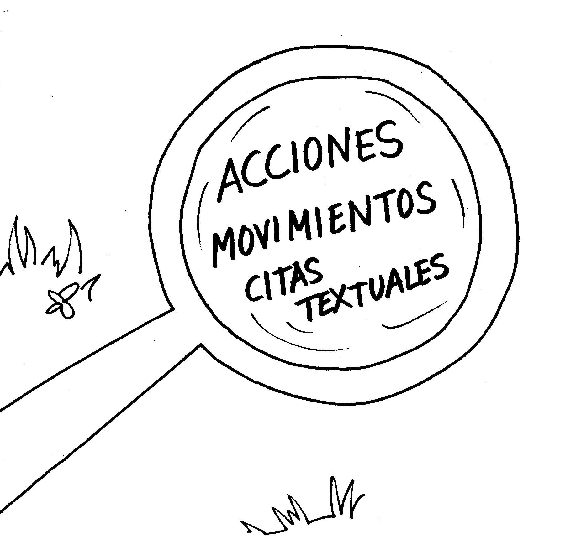 Una lupa enfoca las palabras "ACCIONES", "MOVIMIENTOS" y "CITAS TEXTUALES" escritas en español, con hierba visible alrededor.