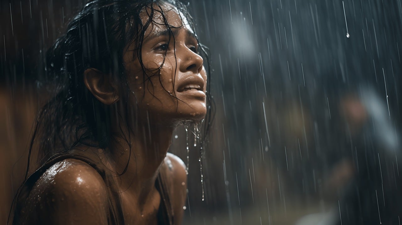 Una mujer con el pelo y la piel mojados mira hacia arriba con expresión angustiada mientras está de pie al aire libre bajo una fuerte lluvia, encarnando la emoción cruda que a menudo se explora en comunicación no violenta.