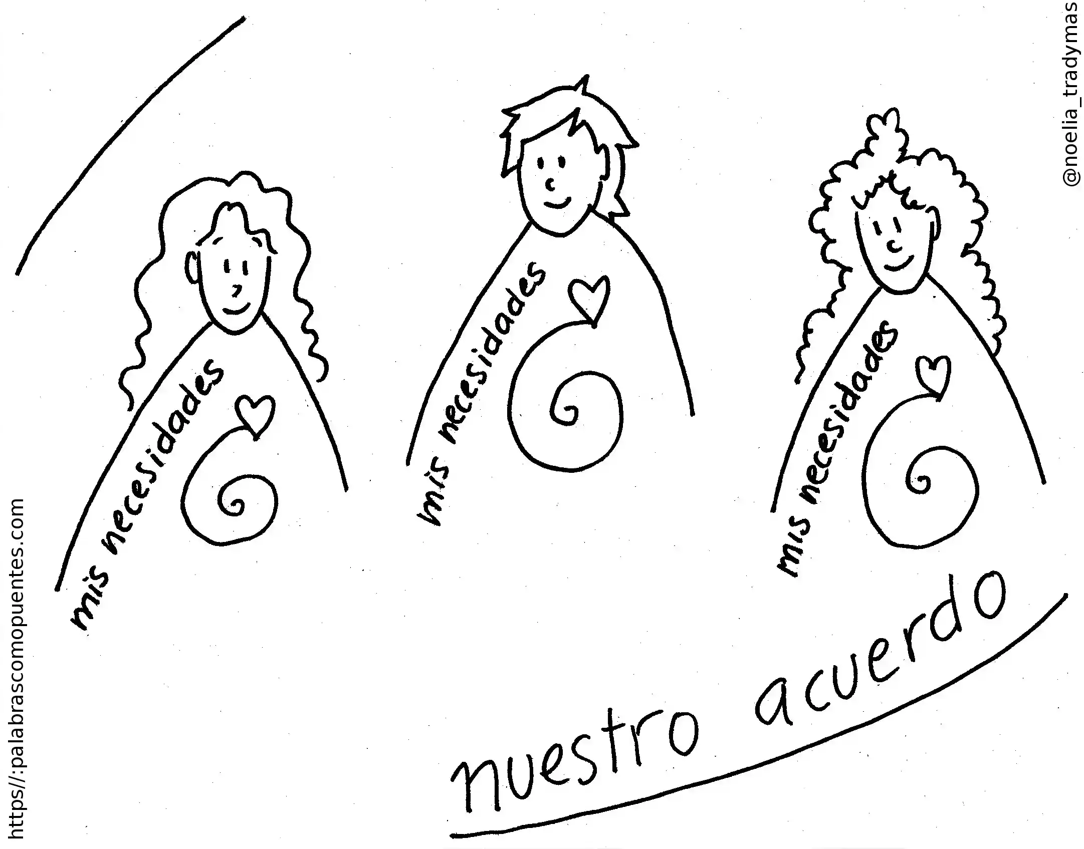 Dibujo de tres personas con corazones y la frase nuestro acuerdo.