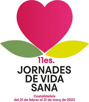 Logotipo de las XI Jornadas de Vida Saludable de Castelldefels, con un corazón rosa sobre dos hojas, con fechas del 21 de febrero al 31 de marzo de 2023.