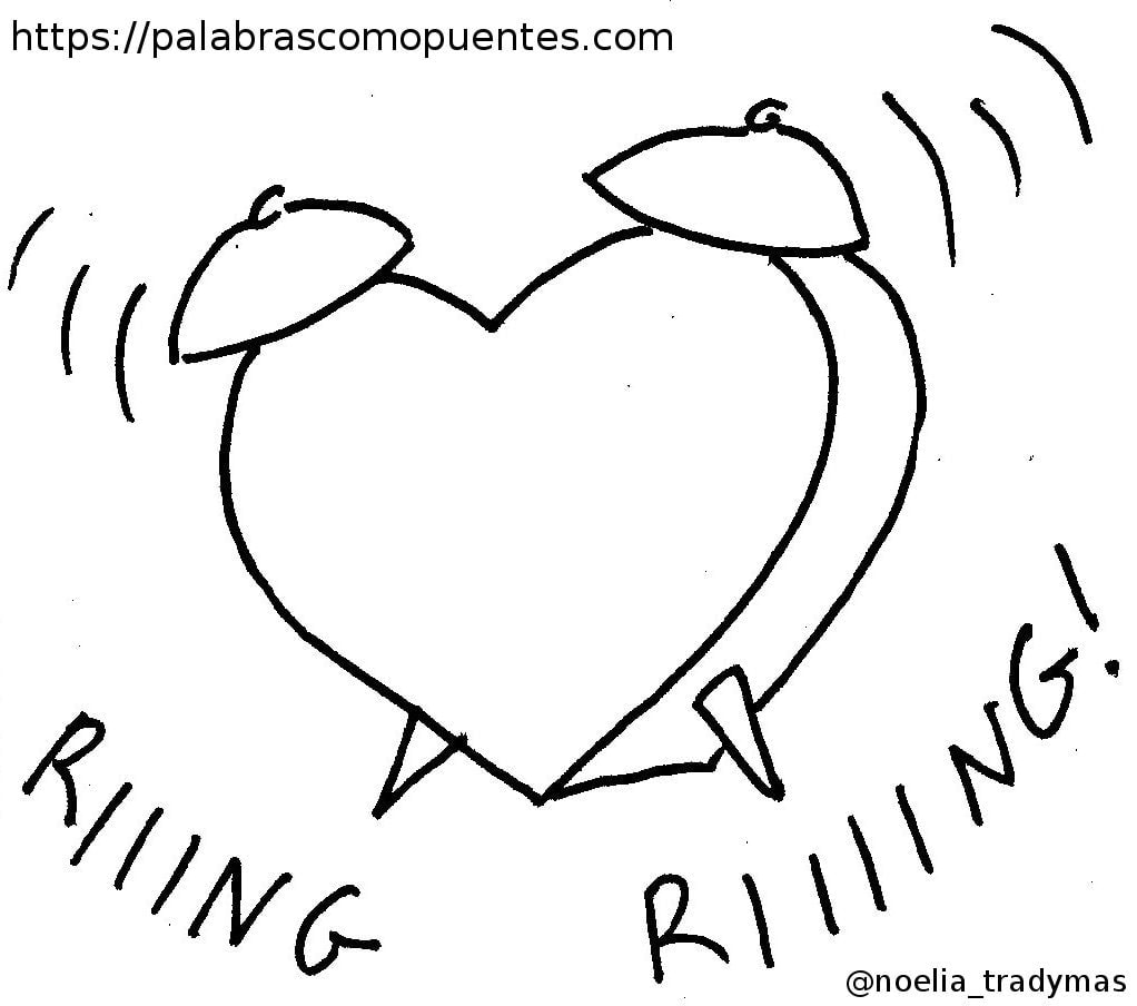 Suena un despertador en forma de corazón, con líneas sonoras y la palabra "RIIING" dibujada a su alrededor.