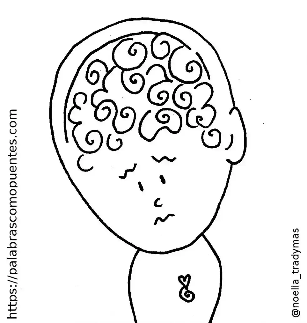 Ilustración de rostro femenino con cabello rizado y expresión pensativa.