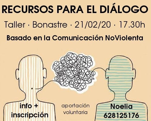Cartel para un taller titulado "Recursos para el diálogo" con detalles del evento, dos figuras ilustradas hablando, e información de contacto para la inscripción.
