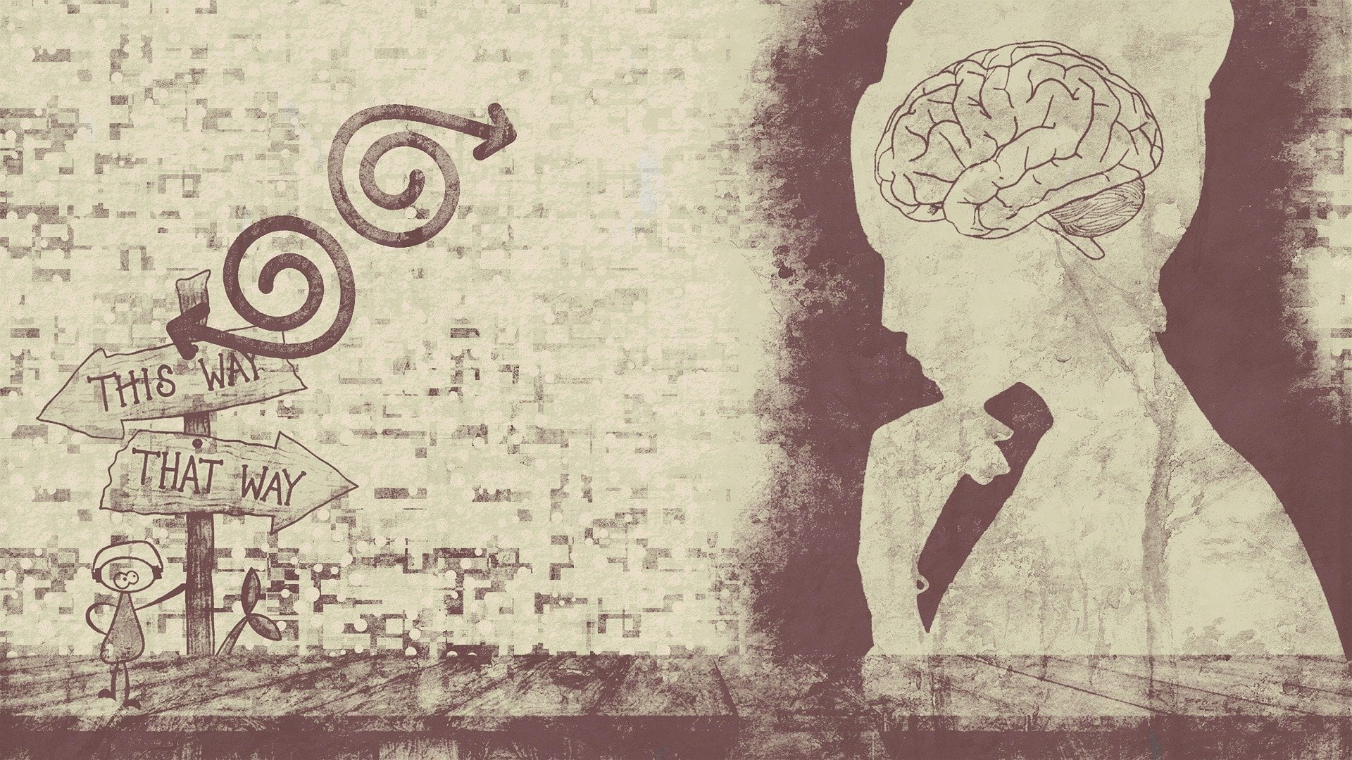 Un boceto muestra a una persona de pie junto a señales que indican "Por aquí" y "Por allá", frente a una gran silueta con una ilustración visible del cerebro.