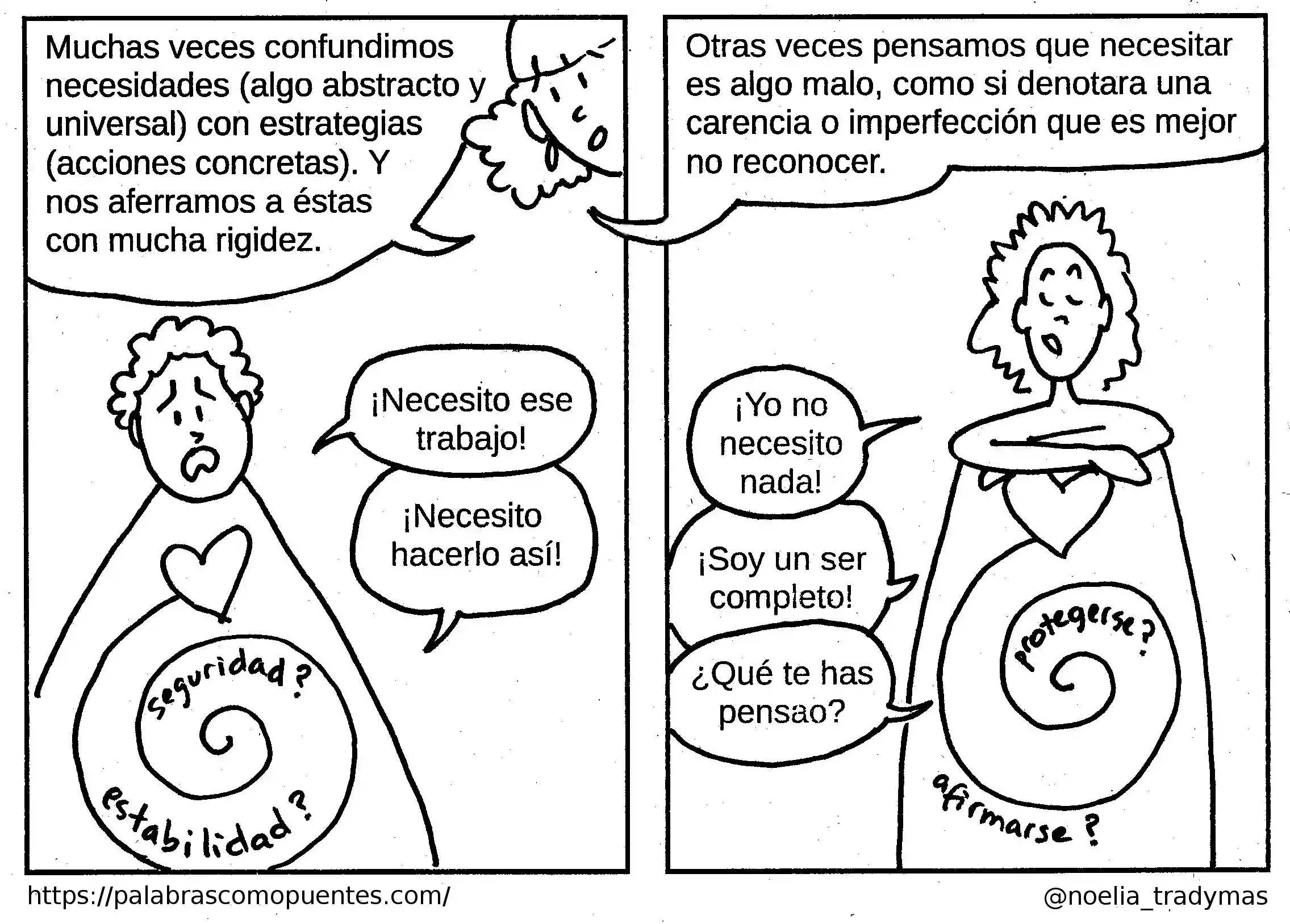 Dibujo de dos personas reflexionando sobre necesidades y autoconocimiento.